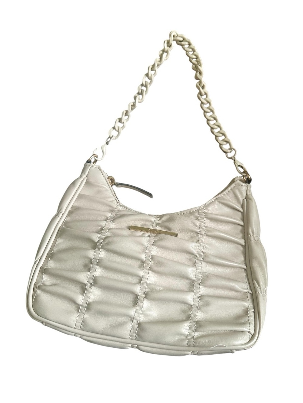 ALDO Ivory Ruched Shoulder Bag Small Gold Chain Strap Detachable Zip Closur